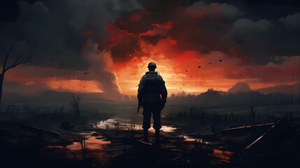 soldier standing alone after the war in battlefield, digital art style, illustration painting. generative ai. - obrazy, fototapety, plakaty