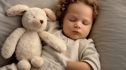 An infant peacefully sleeps on a modern couch with a tiny plush toy.