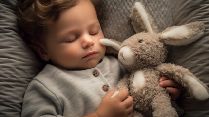 Infant peacefully sleeps on a modern couch with a plush bunny.