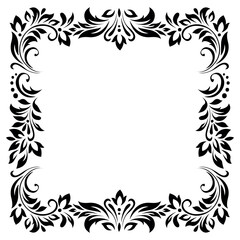 Square vintage frame, border of stylized leaves, flowers and curls in black lines on white background. Vector backdrop, wallpaper