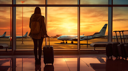 Travel tourist standing with luggage watching sunset at airport window. Unrecognizable woman looking at lounge looking at airplanes while waiting at boarding gate before departure. Tra. generative ai. - obrazy, fototapety, plakaty