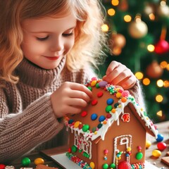 children making Gingerbread house decorated with colorful candies against Christmas tree background