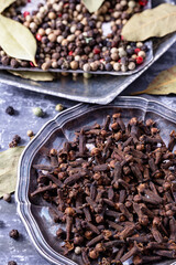 Pepper, cinnamon and clove spices isolated