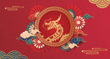 Traditional chinese dragon illustration vector New Year 2024.translate:happy new year