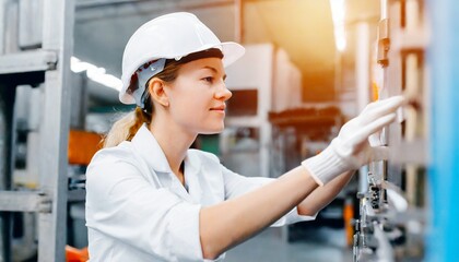 woman working in a factory background as a factory - obrazy, fototapety, plakaty