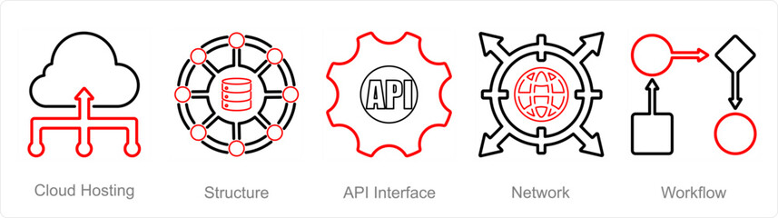 A set of 5 data analytics icons as cloud hosting, structure, api interface