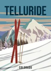 Fotobehang Vintage Travel poster Ski Whitefish resort. America winter landscape travel card © hadeev