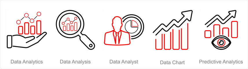 A set of 5 data analytics icons as data analytics, data analysis, data analyst