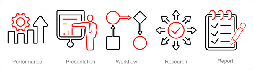 A set of 5 data analytics icons as performance, presentation, workflow - obrazy, fototapety, plakaty