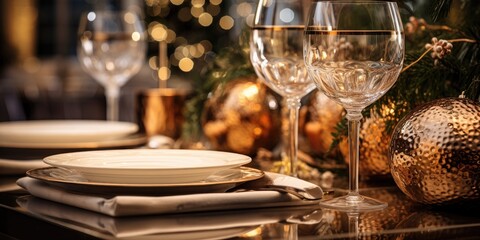 Table setting for New Year's party, Christmas beautiful table, decorations. Generative AI