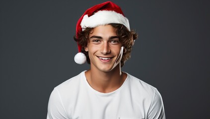 Handsome Young Man in White Shirt and Santa Hat