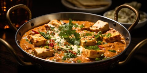 Paneer butter masala or curd and cheese curry, a popular Indian dish. Generative AI - obrazy, fototapety, plakaty