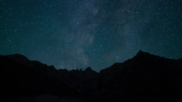 Delta Aquarids Meteor Shower and Milky Way Galaxy and Sunrise 50mm West Sky Tilt Up Mt Whitney Peaks Sierra Nevada California USA Time Lapse