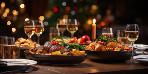 Christmas festive table, New Year's decor,delicious dishes with food. Holiday concept. Generative AI