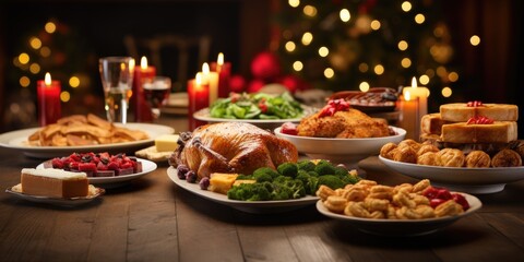 Christmas dinner table with turkey. New Year's decor in the background. Generative AI