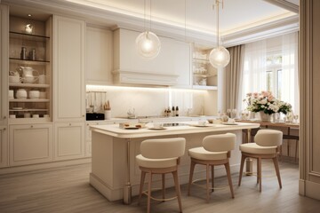 Fototapeta na wymiar Interior design of a kitchen minimal style, beige light colors