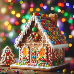 Fototapeta na wymiar handmade Christmas gingerbread house decorated with star-shaped candies sits on a wooden table.