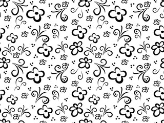 black and white monochrome seamless doodle floral pattern