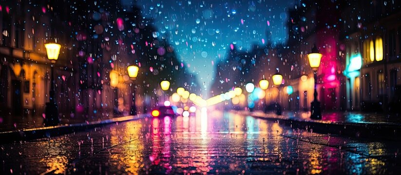 Fototapeta As the rain cascaded down the colorful modern streets of Paris, the abstract bokeh of street lights danced on the textured glass windows, creating a mesmerizing display of light and water, embodying