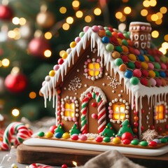 handmade Christmas gingerbread house decorated with star-shaped candies sits on a wooden table.