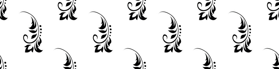 Naklejka premium Vintage seamless plant pattern of black stylized leaves, flowers and curls on white background. Retro style. Vector backdrop, texture for victorian wallpapers, wrapping paper, fabric