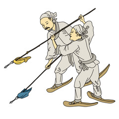 men practicing with spears. korean tranditional illustration