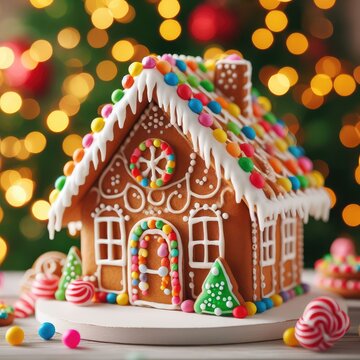 handmade Christmas gingerbread house decorated with star-shaped candies sits on a wooden table. © pahis