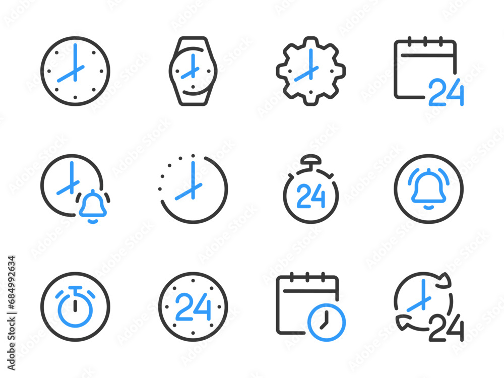 Poster time and clock vector line icons. watch and hour outline icon set. countdown, timer, 24 hours, deadl
