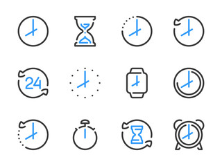 Time and Clock vector line icons. Watch and Hour outline icon set. Countdown, Timer, 24 Hours, Deadline, Time management and more.