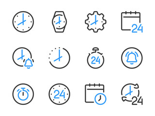 Time and Clock vector line icons. Watch and Hour outline icon set. Countdown, Timer, 24 Hours, Deadline, Time management and more.