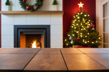 Close-up of an empty wooden table,  in the blurred backgrounda a living room with christmas tree and a window