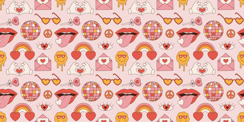 Groovy seamless pattern Valentines Day. Retro hippie psychedelic style vector wallpaper in 60s, 70s. Vector cartoon background