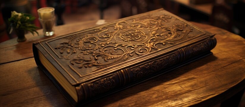 In a vintage bookstore, an old, magical book with a worn cover caught the attention of a curious observer, its textured paper evoking the beauty of a bygone era. The intricate design on its pages
