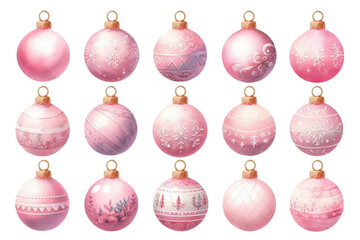 ピンクのクリスマスオーナメントの水彩イラストの素材セット