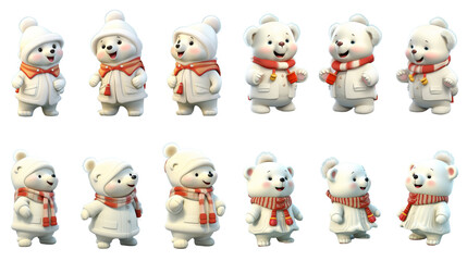 3d set of  white polar bear cartoon character isolated on white background