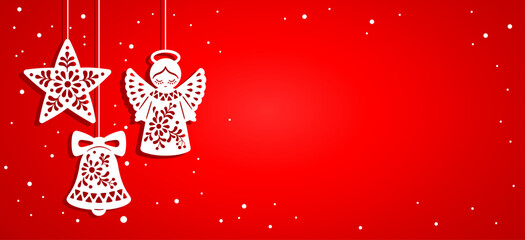Horizontal banner in paper cut style. Vector hand drawn illustration of ornate Christmas angel, star and bell on red background © Nataliia