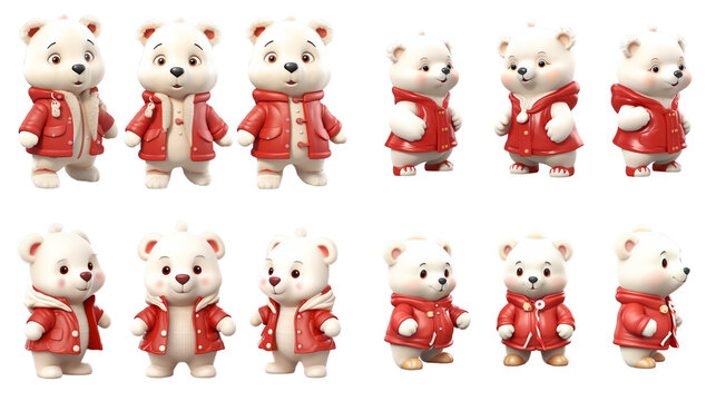 3d illustration set of cute polar bear in red jacket with various expression and pose
