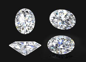 four oval shaped diamonds. Different views on black background at 3D render design.