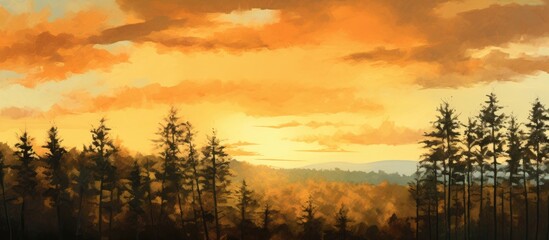Fototapeta premium As the sun gently sets on the horizon, casting a warm, golden light upon the landscape, the silhouette of the trees against the vibrant, summer sky creates a picturesque scene in the forest, filled