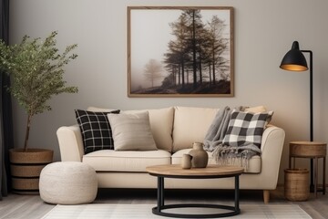 Warm and cozy living room interior, beige light sofa, poster on the wall and lamp