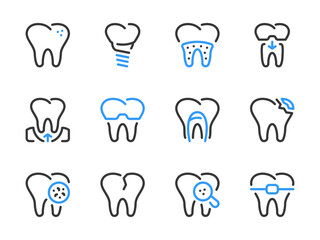 Tooth and Teeth care vector line icons. Dentistry, Dental problems and Stomatology outline icon set.