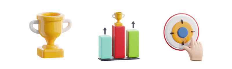 Ranking Growth Podium for winners with a gold Cup. golden yellow champion trophy award. Hand push target button. 3D Icon illustration set vector concept Isolate on white background