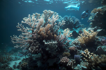 Fototapeta na wymiar unterwasserwelt Korallenriff kleine fischschwärme lichtbrechungung wasseroberfläche sonnenstrehlen