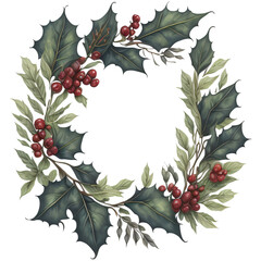 Holly leaves and berry. Christmas wreath watercolour illustration.