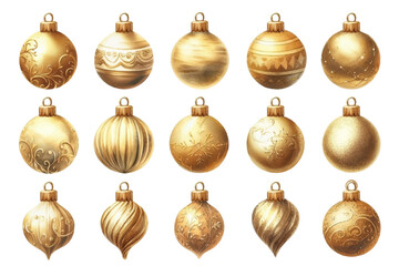 金色のクリスマスオーナメントの水彩イラストの素材セット