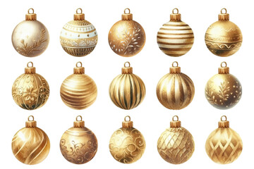 金色のクリスマスオーナメントの水彩イラストの素材セット