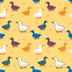Fototapeta premium Seamless Pattern of Cartoon Duck Design on Yellow Background