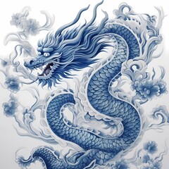 Chinese dragon drawing with blue ink chinoiserie - obrazy, fototapety, plakaty
