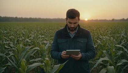 Naklejka na ściany i meble Agronomist farmer man using digital tablet computer in a young cornfield at sunset or sunrise