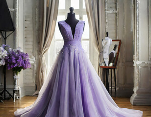 Lavender chiffon gown on mannequin exudes elegance
